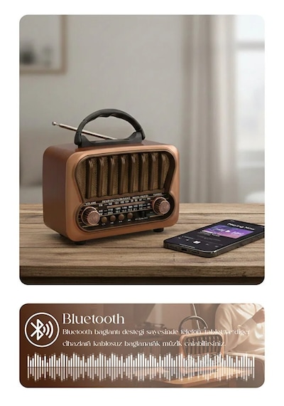 Nostaljik Görünümlü Bluetooth Mp3 Çalar Fm/am/sw Usb Tf Kart Destekli Şarjlı Retro Hoparlör