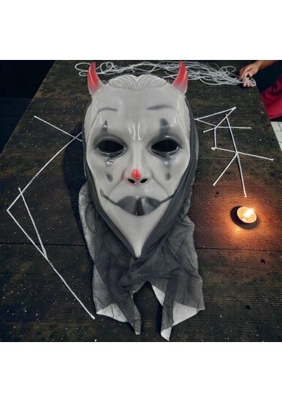 Kırmızı Boynuzlu Tüllü Gri Şeytan Maskesi Cadılar Bayramı Korku Maskesi Devil Mask Halloween Mask Tüm Yaşlar
