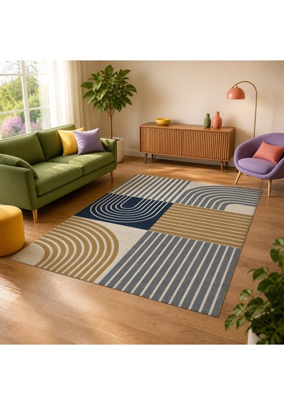 Kartela Halı Retro Çizgili Patchwork Halı Lacivert Kaymaz Taban Makinede Yıkanabilir 120x180 Cm