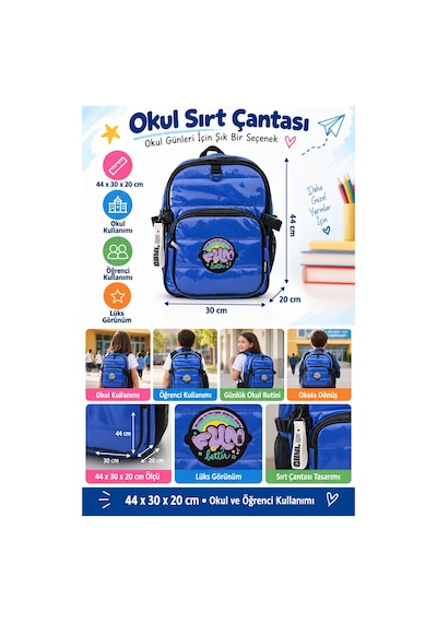 Okul Sırt Çantası Cool Blue 44 X 30 X 20 Cm Lüks Öğrenci Ve Okul Çantası Çok Renkli