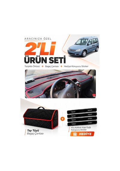 E-biz Opel Combo C 2001-2011 Uyumlu Torpido Örtüsü + Tay Tüyü Çanta - Siyah-kırmızı - Op007