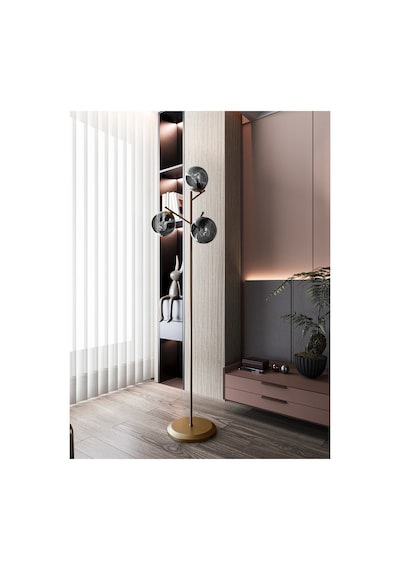 Aura Eskitme Metal 3'lü Füme Cam Küre Lambader Modern Dekoratif Ayaklı Lambader Salon, Oturma Odası, Yatak Odası Köşe Aydınlatması, E27 Duy Uyumlu