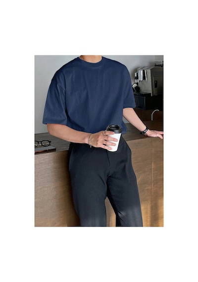 Tarz Cool Erkek Bisiklet Yaka %100 Pamuk T-shirt Lacivert
