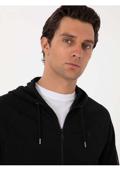 Siyah Regular Fit Tam Fermuarlı Kapüşonlu Sweatshirt