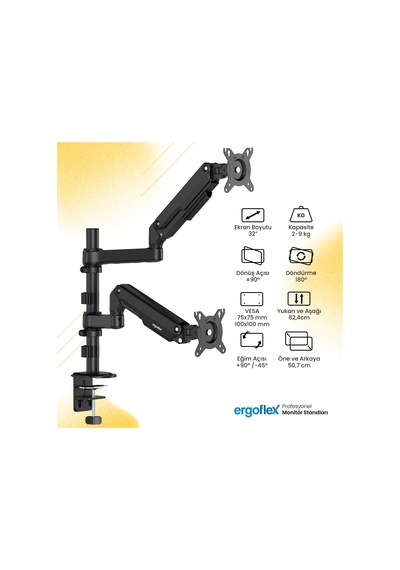 Lexroo Ef S16 Çift Kol 17-32 İnch Uyumlu Amortisörlü 2-9 Kg Monitör Standı 2026 Versiyon