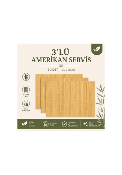3'lü Set Bambu Amerikan Servisi Doğal Şık Sofra Sunumu Dekoratif Hasır Görünümlü Masa Servisi 30x38 Cm Kahverengi