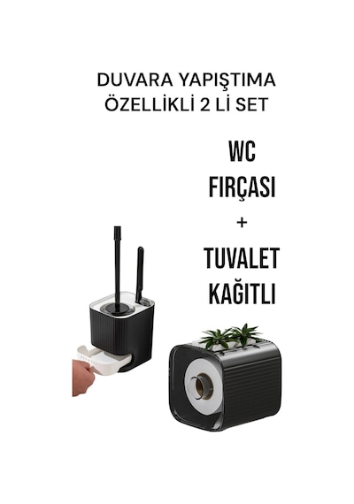 2 Li Set-kendinden Yapışkanlı Tuvalet Kağıdı Wc Kağıt Asacağı Ve Banyo Lavabo Wc Temizleme Fırçası Siyah
