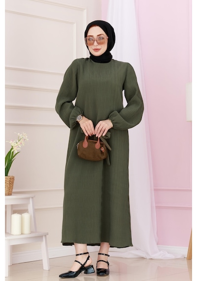 Sevitli Beli Kuşaklı Luna Tesettür Elbise-haki-4891 Haki