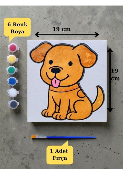 Tuval Boyama Aktivite Seti Sevimli Köpek Baskılı 19x19 Cm Tuval, Fırça Ve 6 Renk Akrilik Boya Seti