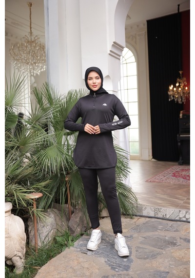 Mimi Luxury Wear Siyah Kadın Fermuarlı Dalgıç Kumaş Standart Kalıp Jogger Eşofman Takımı 358