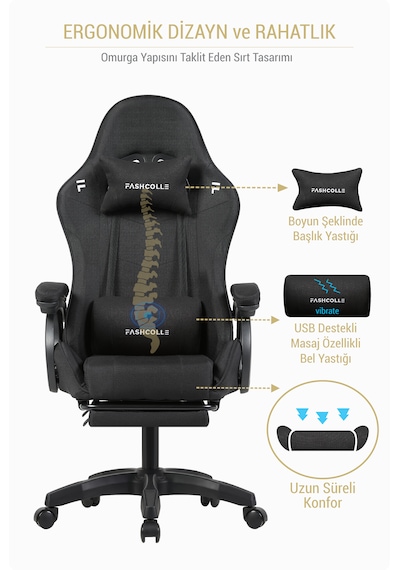 Fashcolle Dynamic Air Kumaş Black Masajlı Oyuncu Koltuğu