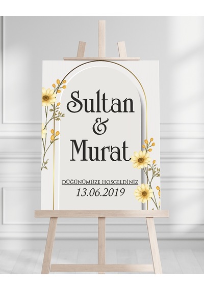 Söz Nişan Düğün İçin 50x70 Karşılama Panosu - Papatya Çiçek Desenli Beyaz
