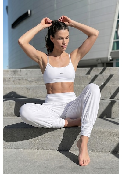 Woneagle Kadın Beyaz Yüksek Bel Büzgü Detaylı Şalvar Kesim Pilates Ve Yoga Spor Takımı Beyaz Beyaz