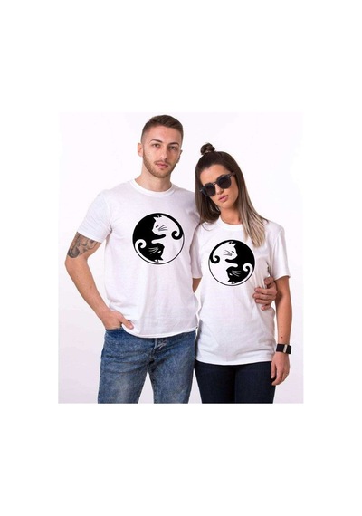 Tshirthane Cat Yingyang Sevgili Kombinleri Tshirt Kombini Beyaz