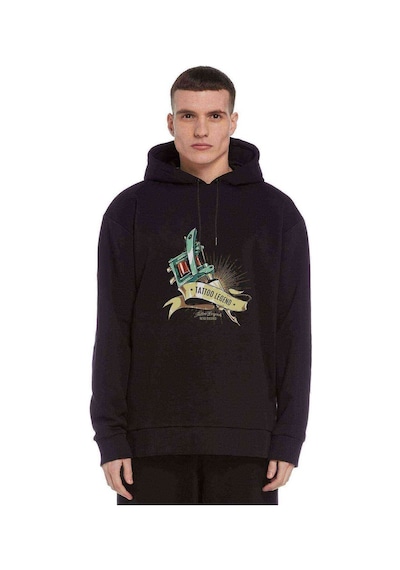 Tatto Legend Retro Baskılı Siyah Erkek Kapşonlu Sweatshirt