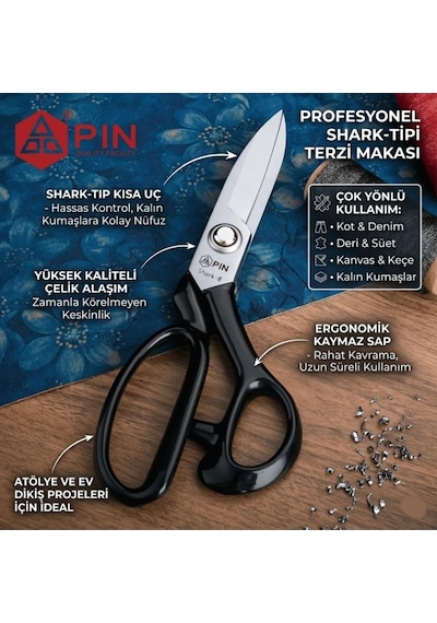 Pin Profesyonel Shark Tipi Kumaş Makası - Deri, Kot, Keçe Kesimi İçin Kısa Uçlu Terzi Makası