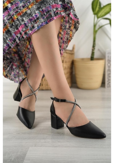 Nesil Shoes Elva 054 Siyah Taşlı Topuklu Kadın Ayakkabı-siyah Siyah