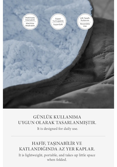 Premium Peluş Tek Kişilik Çok Amaçlı Yatak Örtüsü 160x220 Çift Taraflı Battaniye Gri Mavisi Antrasit