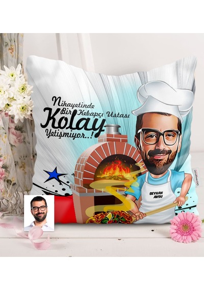 Kişiye Özel Bay Kebapçı Ustası Karikatürlü Saten Yastık - 1