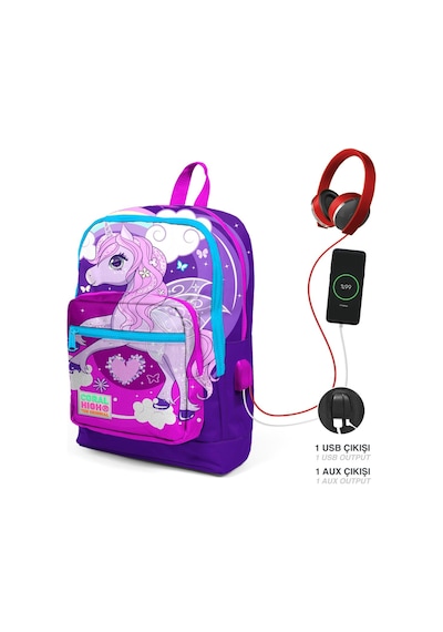 Coral High Kids Dört Bölmeli Mor Pembe Ünicorn Desenli İlkokul Çantası Usb Şarjlı Kulaklık Çıkışlı 23808