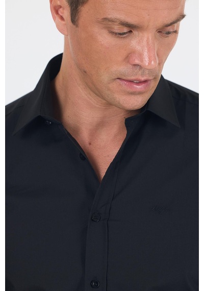 İmza Siyah Uzun Kol Düz Bez Ayağı Sert Yaka Cepsiz Pamuklu Basic Slim Fit Gömlek 1004250057 001 Siyah