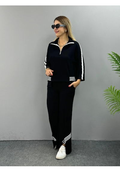 Defymoda Kadın Polo Yaka Paça Yırtmaçlı Ribanalı İkili Takım Siyah
