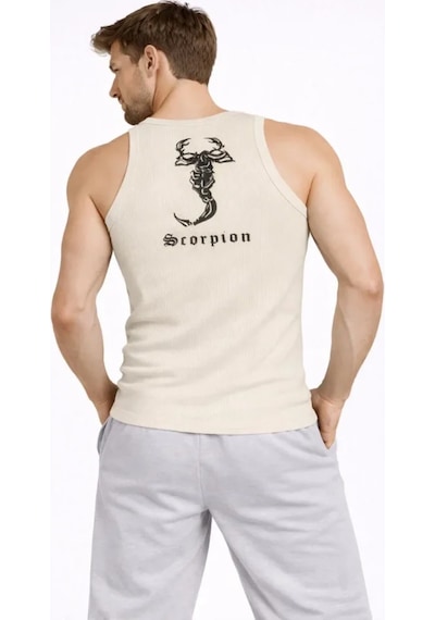 Etiler Collection Erkek Fitilli Atlet Sıfır Yaka Slim Fit Arka Baskılı Spor Atlet - Krem