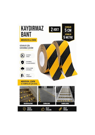 Merdiven Kaydırmaz Bant Sarı Siyah 50mm 2 Adet Mas Güvenlik Uyarı Bandı 5 Metre 5 Cm Yapışkanlı Basamak Mermer Beton