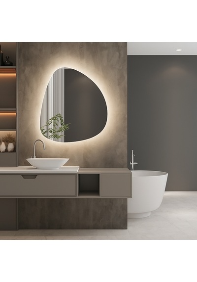 70x82 Cm Asimetrik Led Işıklı Modern Ayna Touch Sensörlü, Dimmer Özellikli Günışığı 3000k 6 Boyut Sarı
