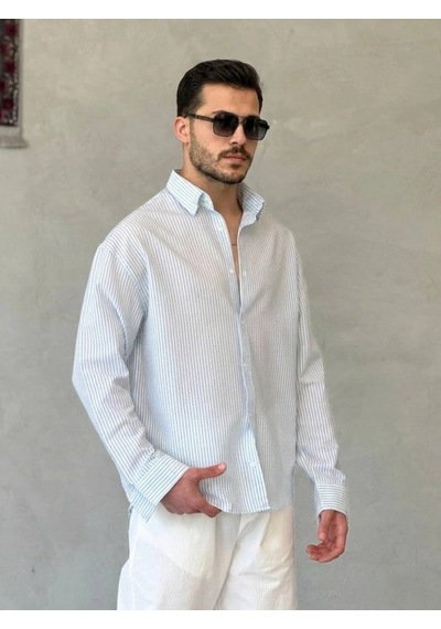 Valensdesign Erkek İnce Çizgili Gofre Kumaş Rahat Kalıp Gömlek Buz Mavi