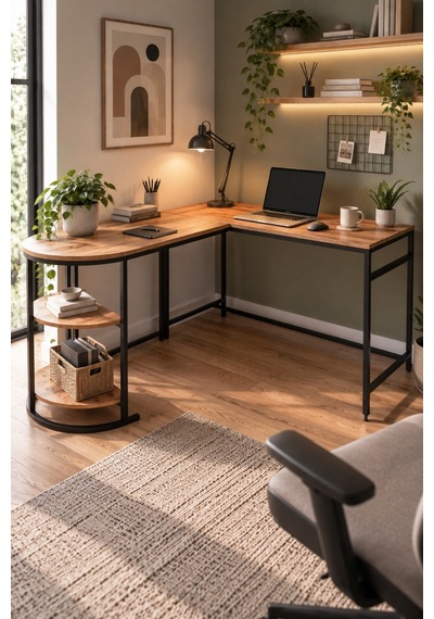 Sulorahome Tipi Köşe Çalışma Masası 2 Raflı Atlantik Çam