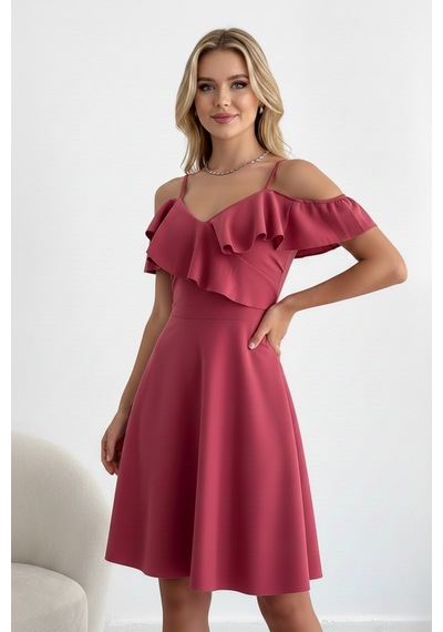Zedefx Kadın İnce Askılı Katlı Fırfırlı Elbise Pembe