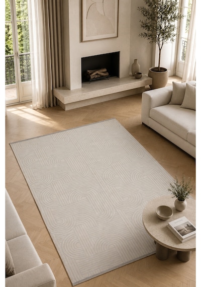 Modena İskandinav Yıkanabilir Şönil Kilim Saçaklı, Kaymaz Tabanlı Koridor Salon Oturma Çocuk Odası Halısı Bej