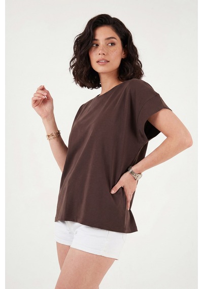 Lela Pamuklu Rahat Kalıp Bisiklet Yaka T Shirt Bayan T Shirt 5866955 Kahve