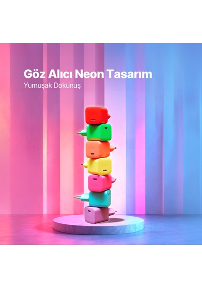 Ttec Smartcharger Gan 45W Avs PD Seyahat Hızlı Şarj Aleti + USB-C - USB-C 3A 120 CM Kablo Neon Pembe