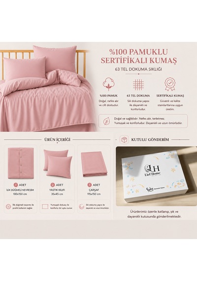 Lief Home %100 Pamuklu Sertifikalı Bebek Nevresim Takımı 100x150 63 Tel Dokuma Kutulu Gönderim Pudra