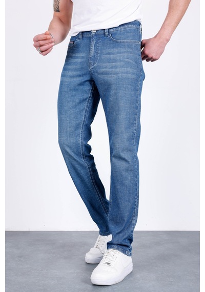 HLT Jeans Erkek Şerit Detaylı Mavi Regular Fit Boru Paça Esnek Likralı Jeans Kot Pantolon Hlthe001964 Beyaz - Mavi