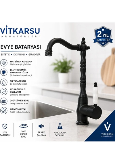 Retro Siyah Eviye Bataryası Döner Başlıklı Mat Siyah Mutfak Bataryası