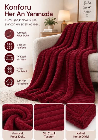 Tek Kişilik Peluş Tv Diz Battaniyesi 100x175 Cm Bordo