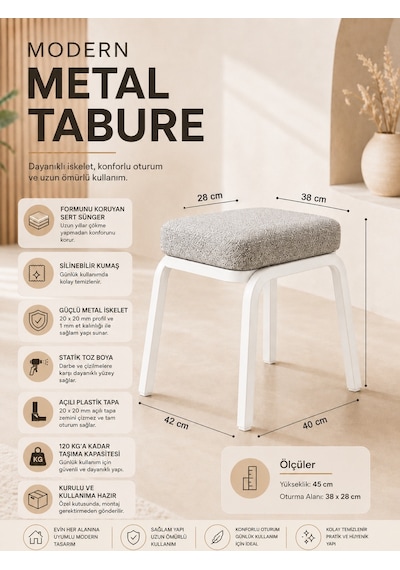 Metal Tabure - 6 Adet Beyaz