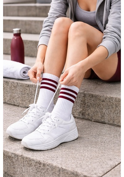 Plus Scorpion Beyaz Çizgili Tenis Çorabı Unisex Pamuklu, Uzun Spor Çorabı Beyaz