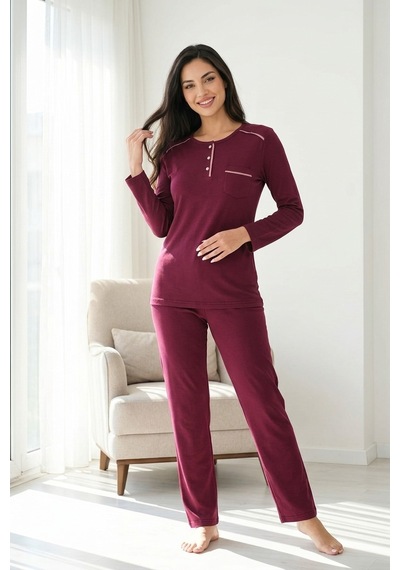 Mataş Kadın Pamuklu Uzun Kollu Üç Düğmeli Biyeli Soft Örme Yumuşak Pijama Takımı Mor