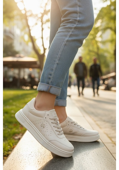 Enoch Kadın Spor Ayakkabı Amblem Detaylı Ve Ortopedik Düz Tabanlı Casual Sneaker Bej
