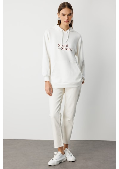 Mizalle Yumuşak Dokulu Kapüşonlu Ekru Sweatshirt Ekru