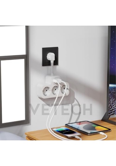 Akım Korumalı Grup Priz Duvar Tipi 3x Priz, 2x Type-c, 1x Usb Port Çıkışlı Çoklu Priz Beyaz 0