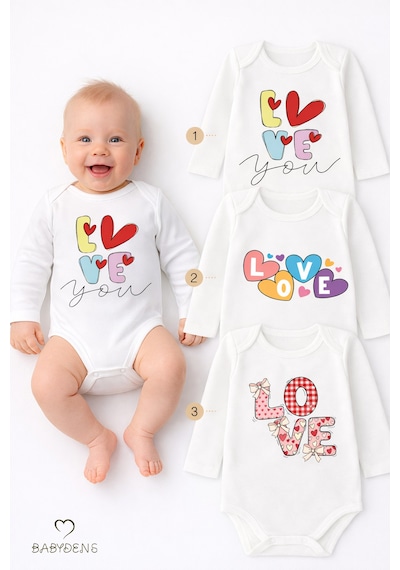 Babyden's Love Temalı 3 Lü Bebek Body Seti %100 Pamuk Uzun Kollu Çıtçıtlı Bebek Zıbını Unisex Beyaz
