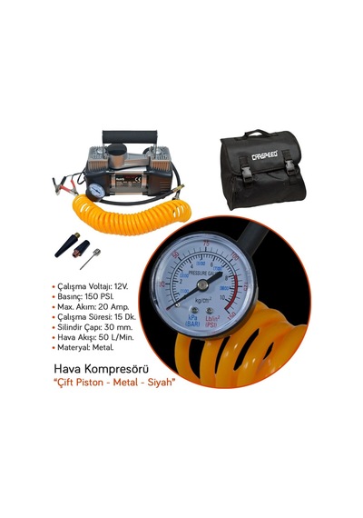 Carspeed Hava Kompresörü 12v 150 Psi Metal Çift Piston Çantalı Th20h Cs-kp200 Cs-hk010