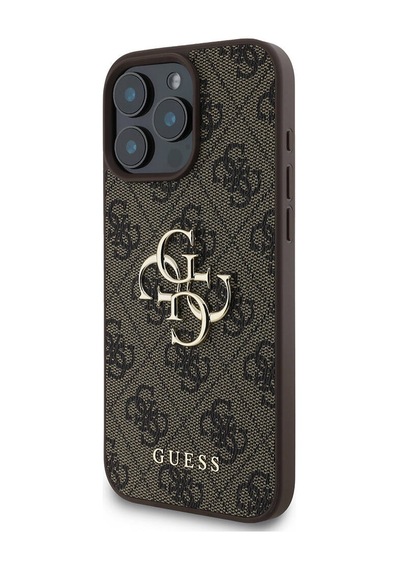 Apple Uyumlu iPhone 16 Pro Kılıf Guess Lisanslı Pu Deri 4g Desen Metal Büyük 4g Ve Yazı Logolu Kahverengi