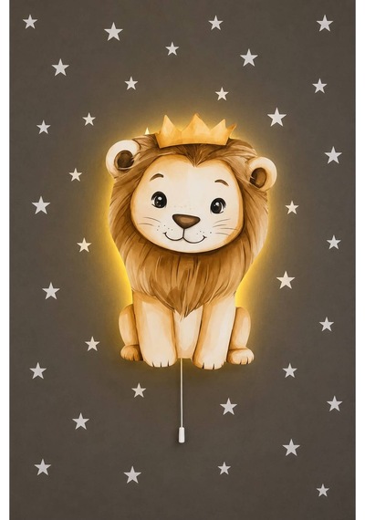 Ahşap Aslan Pilli Ledli Gece Lambası Bebek Çocuk Odası-yıldız Sticker Hediyeli Çok Renkli