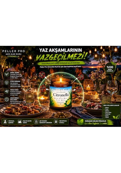 Sivrisinek Kovucu Mum 210 Gr Açık Alan Mumu Bahçe Balkon Teras İçin Citronella Aromatik Mum Beyaz